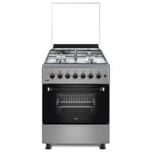 MIKA Standing Cooker, 58cm x 58cm, 3 Gas Pool Jet Burners + 1 RAPID Hot Plate, Button Ignition, 4 Function Electric Oven, Rotisserie, Black Hob, Silver Body _ Mika Appliances Mika Standing Cooker, 58cm x 58cm, 3 Gas + 1 Electric, 4-Function Electric Oven, Dove Grey